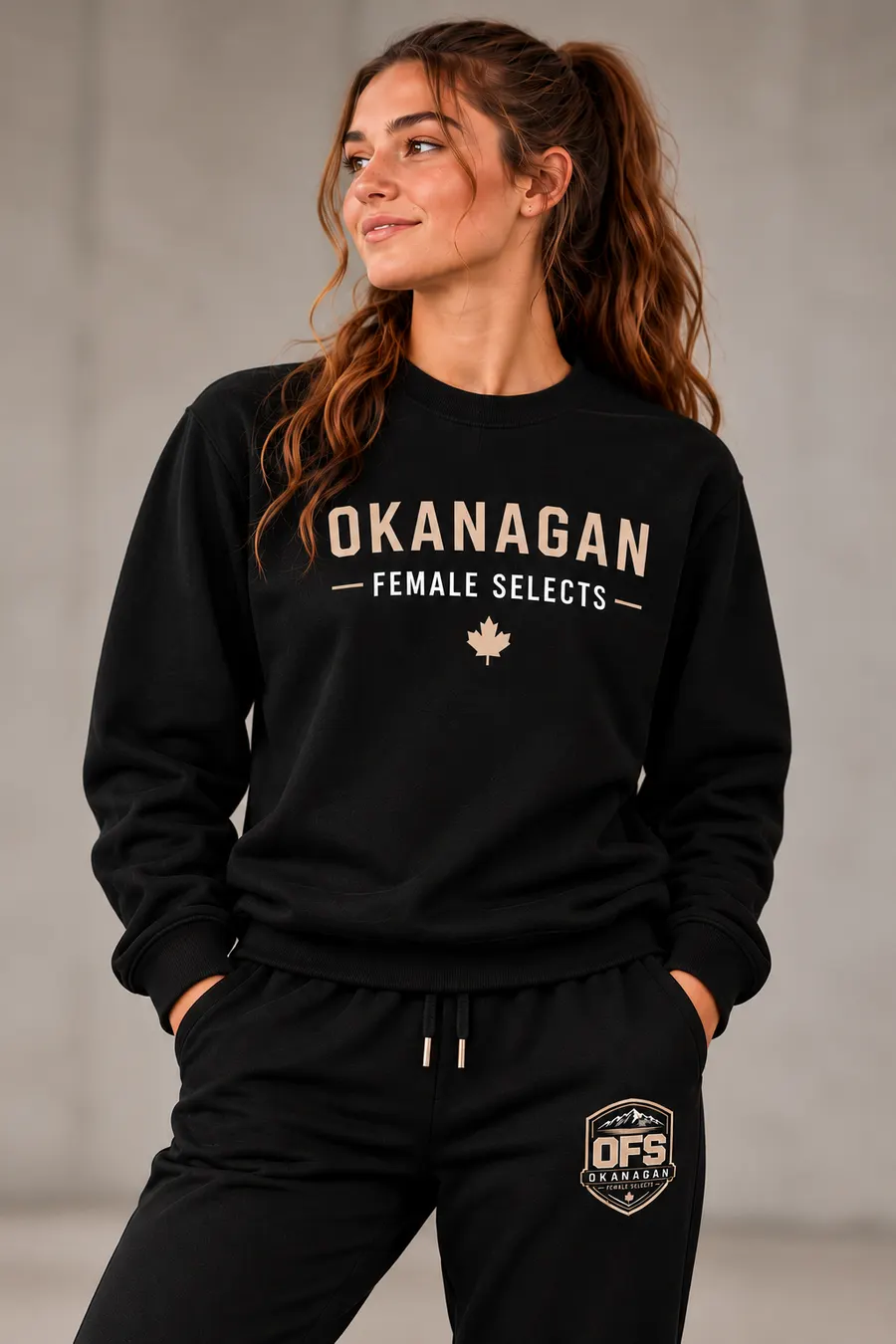 Athlete wearing the black OFS crewneck and joggers